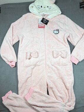 Sanrio Hello Kitty Pink and White Plush Hooded Onesie